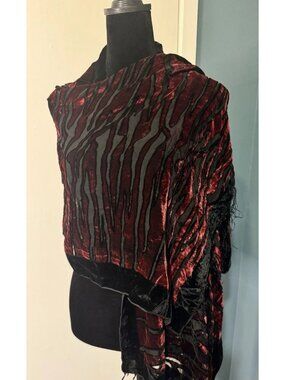 Vintage 1990’s Velvet Burnout Shawl Scarf Red Black Fringe  Animal Stripe